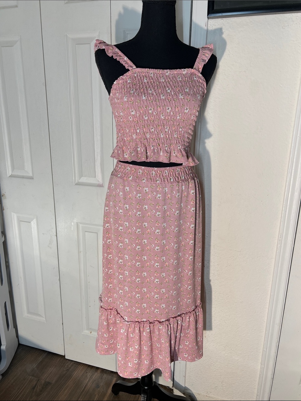 Pink Floral Smocked Crop Top & Midi Skirt Set